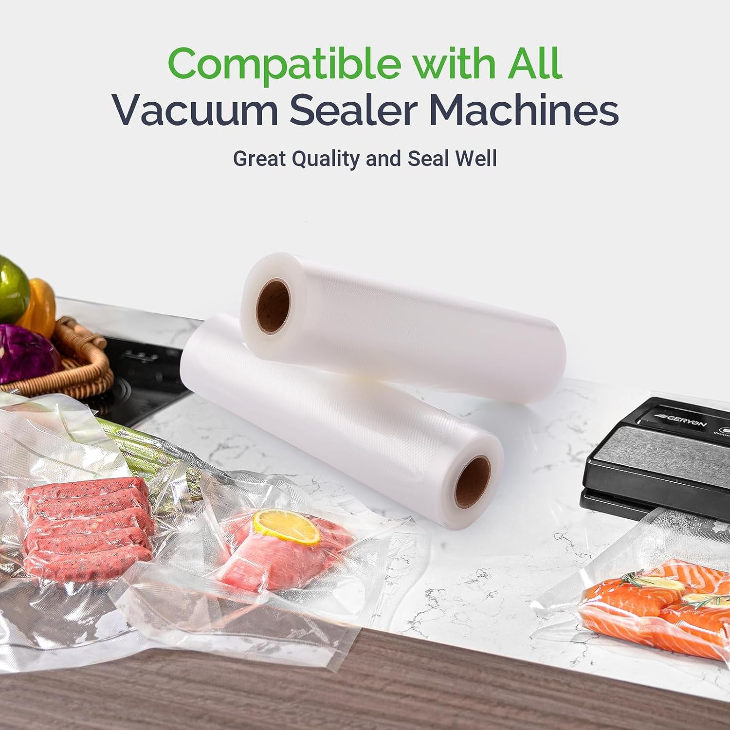 Vacuum Sealer Rolls - 2 Pack, 8" x 50' Food Storage Bags Compatible with All Vacuum Sealer Machines