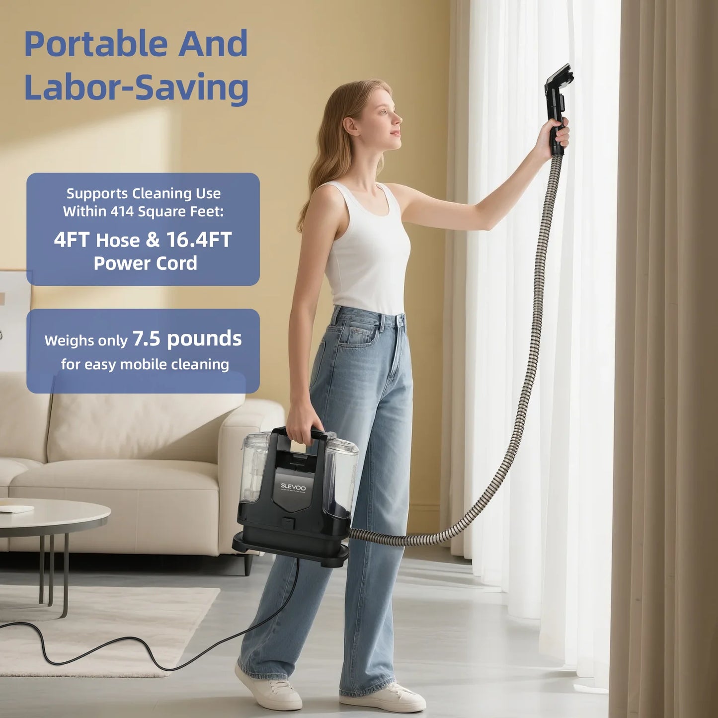 Portable Upholstery and Carpet Cleaner with Pet Stain Removal, 10.5Kpa Suction Power and 400W Motor