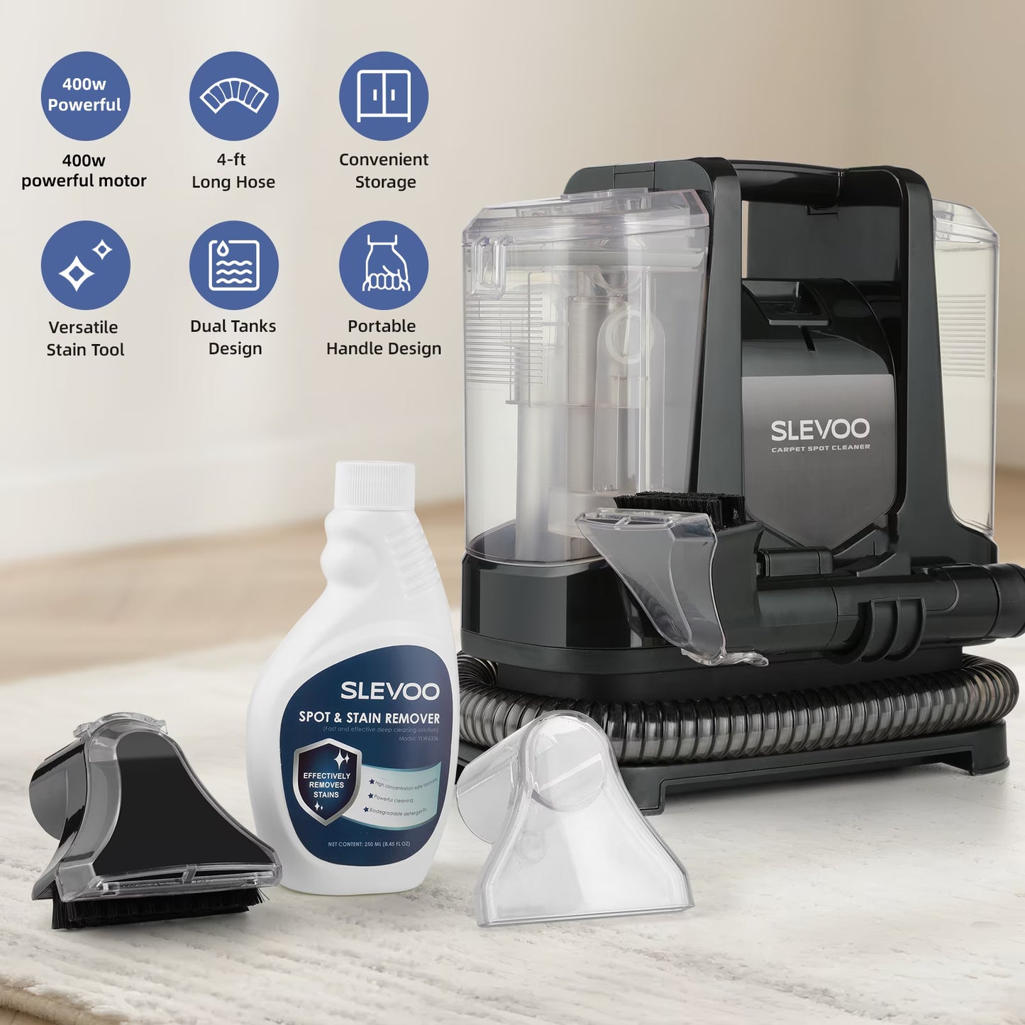 Portable Upholstery and Carpet Cleaner with Pet Stain Removal, 10.5Kpa Suction Power and 400W Motor